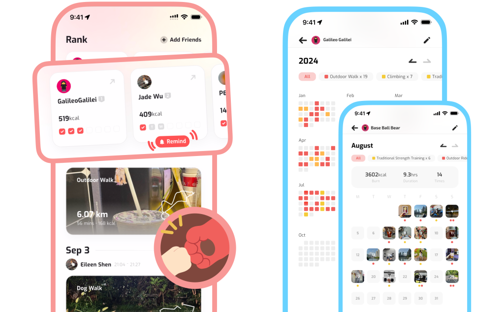 Starten Sie eine Freundes-Fitness-Serie wie Duolingo. Drei Bildschirme der mobilen App, die Fitness-Strecken und Aktivitätskalender von Freunden zeigen: eine rosa gerahmte Bestenliste und ein Aktivitäts-Feed mit Freundeskarten, Erinnerungen und einem Punch-Emoji; und zwei blau gerahmte Profil-/Kalender-Bildschirme, die eine Ganzjahres-Heatmap und einen Monatskalender mit Aktivitäts-Miniaturansichten, Statistiken (Kalorien, Dauer, Zeiten) und Aktivitätsfiltern zeigen.