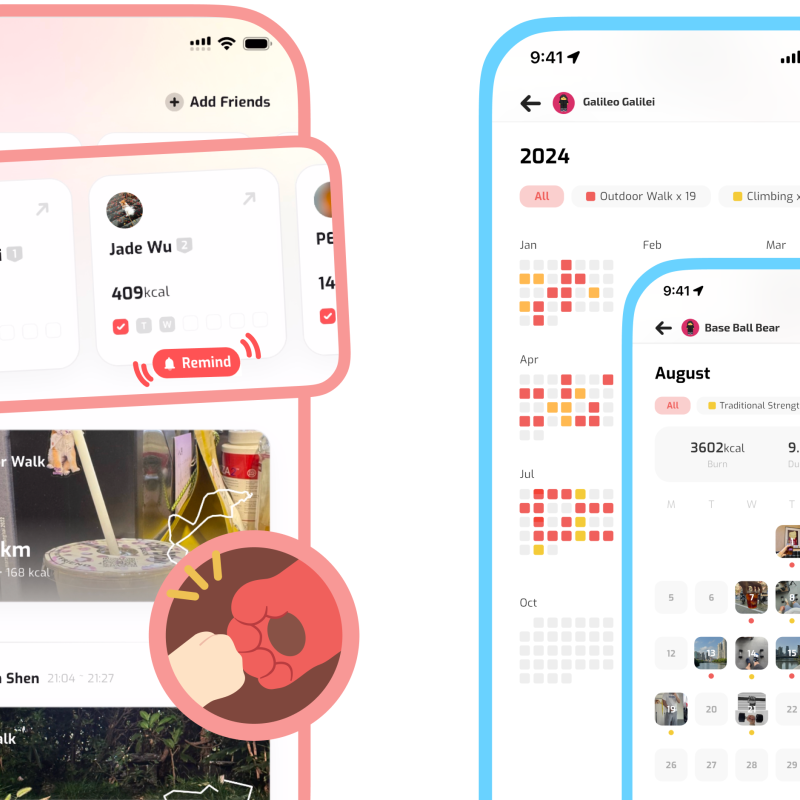 rozpocznij passę fitness znajomych jak duolingo. Trzy ekrany aplikacji mobilnej prezentujące passy fitness znajomych i kalendarze aktywności: tabela liderów w różowej ramce i kanał aktywności z kartami znajomych, przypomnieniami i emoji dziurkacza; oraz dwa ekrany profilu/kalendarza w niebieskiej ramce pokazujące całoroczną mapę cieplną i miesięczny kalendarz z miniaturami aktywności, statystykami (kalorie, czas trwania, godziny) i filtrami aktywności.