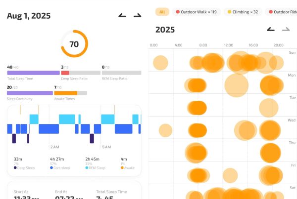 Le schermate della migliore app gym tracker che mostrano le metriche del sonno a sinistra e la mappa di calore del tempo di allenamento a destra