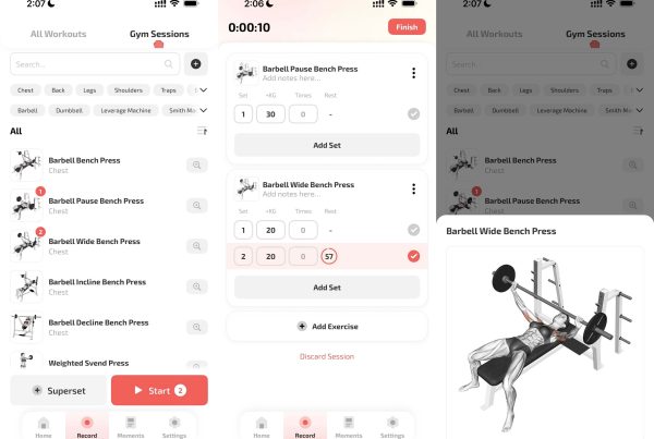 La schermata della migliore app di monitoraggio degli allenamenti mostra l'elenco degli esercizi, l'interfaccia di inserimento dei set e la maschera di illustrazione degli esercizi.