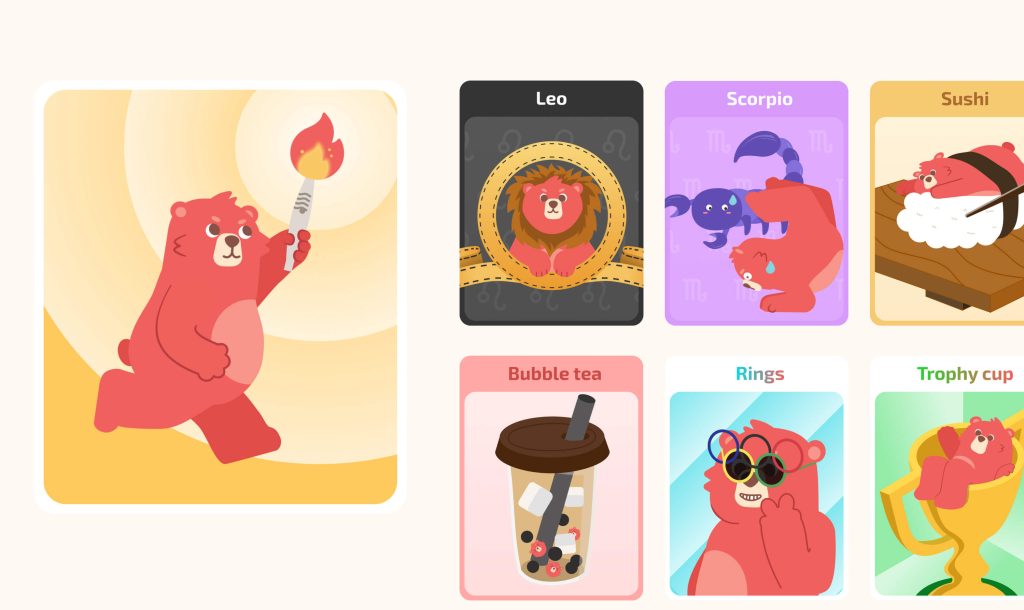 Collect themed fitness achievement cards (Food, Olympic, Festival series) unlocked by completing workout goals
