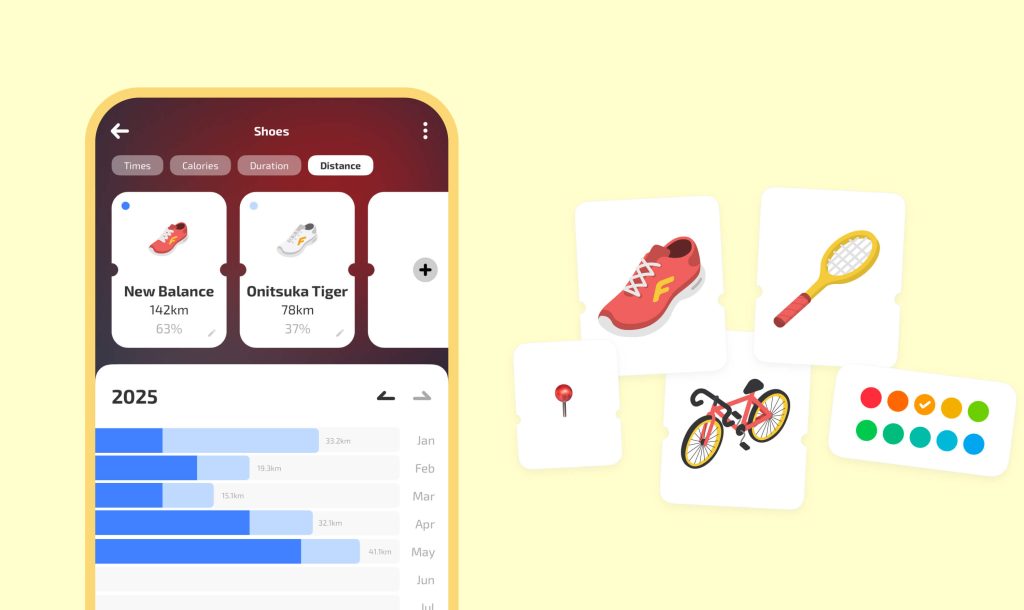 Fitness tracker, tag workouts with gear (shoes, rackets), equipment, and expenses to track distance, usage, visits, and spending
