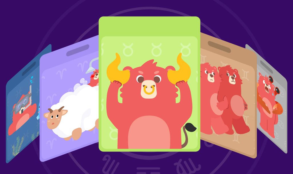 Collectible achievement cards (Food, Olympic, Festival series) with unique mascot designs