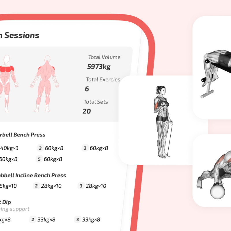 Najlepsza makieta aplikacji dziennika siłowni przedstawiająca ekran "Sesje na siłowni" z mapami anatomii mięśni, statystykami treningu (całkowita objętość 5973 kg, 6 ćwiczeń, 20 zestawów), listą zarejestrowanych ćwiczeń z zestawami i ciężarami (np. wyciskanie sztangi na ławce, wyciskanie hantli na ławce skośnej, zanurzenie klatki piersiowej) oraz trzema pływającymi kafelkami z ilustracjami ćwiczeń podkreślającymi mięśnie klatki piersiowej i ramion.