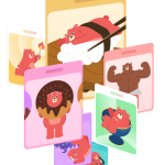 A colorful collage of achievement cards showing adorable red bear illustrations in different themes (a bear on a sushi roll, donut, flexing muscles, lounging in a bowl, holding a torch, etc.), arranged like collectible cards.
