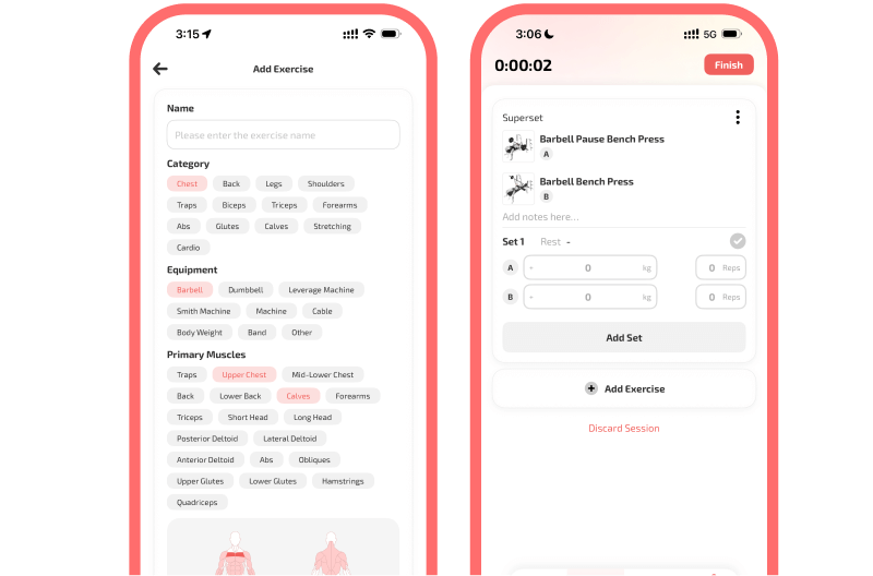 Two mobile app screens showing an advanced gym session feature for adding exercises, selecting muscle groups and equipment, and creating supersets with sets, weights, and reps.