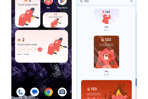Android home screen and widget picker showing three Fito best fitness app for android widgets with a red bear mascot and progress indicators