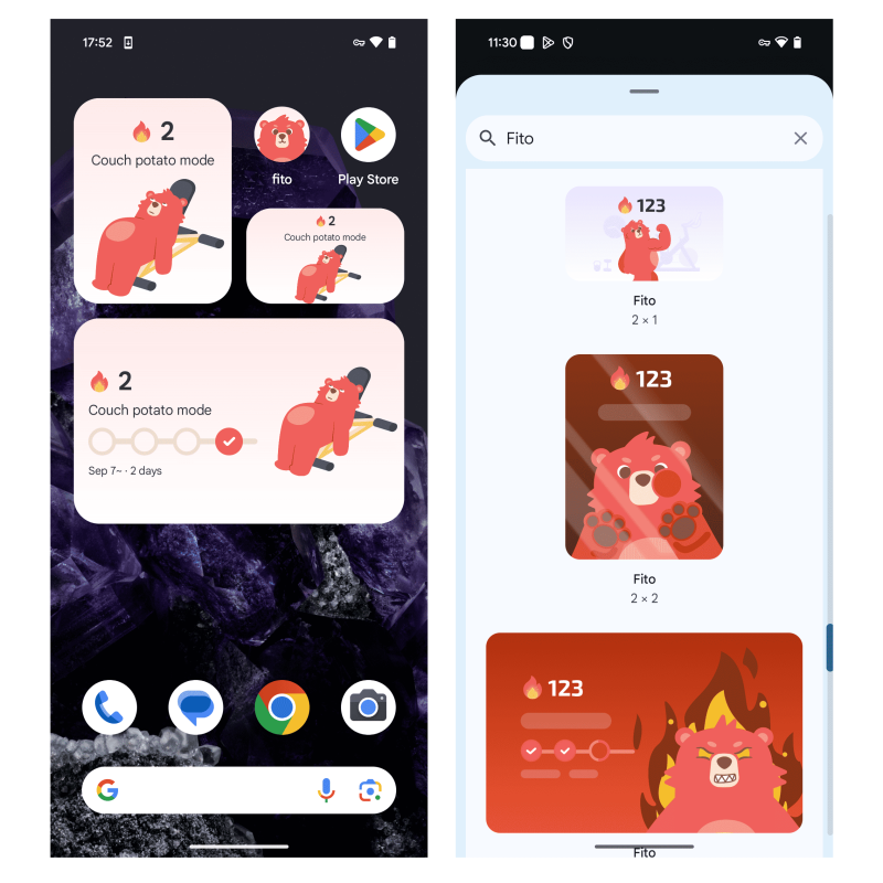 Android home screen and widget picker showing three Fito best fitness app for android widgets with a red bear mascot and progress indicators