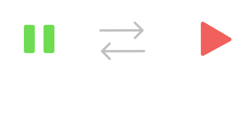 A simple illustration showing two rounded-square icons separated by a bidirectional arrow. Left icon: green pause symbol (two vertical bars) on a white rounded square. Right icon: red play triangle on a white rounded square. The arrow between them indicates switching back and forth.