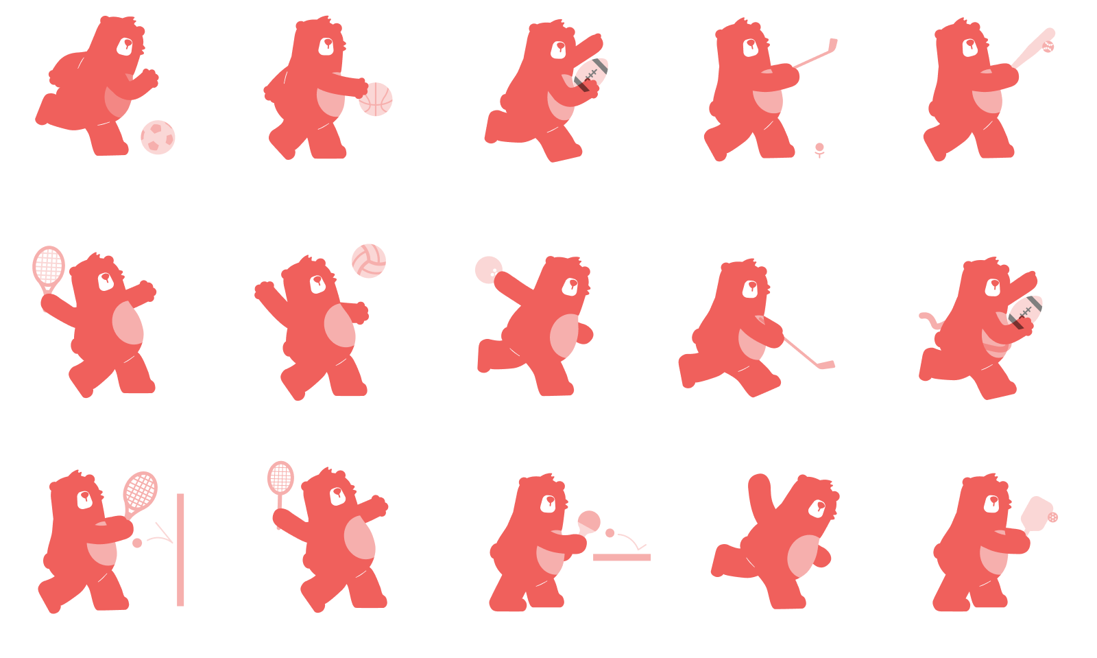 15 coral‑red silhouette icons of a bear doing various ball and racket sports arranged in a 4x4 grid — includes kicking a soccer ball, dribbling a basketball, carrying an American football, swinging a golf club, hitting a baseball, holding a tennis racket, volleying a ball, throwing a shot/medicine ball, running with a hockey stick, protecting/holding a football, playing squash or racquetball against a wall, serving tennis, playing table tennis, bowling/throwing, and catching a softball/handball.