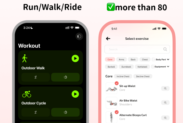 Side-by-side comparison of Apple Fitness workout types (Outdoor Walk, Outdoor Cycle, Climbing) on the left and Fito app exercise selection screen on the right.