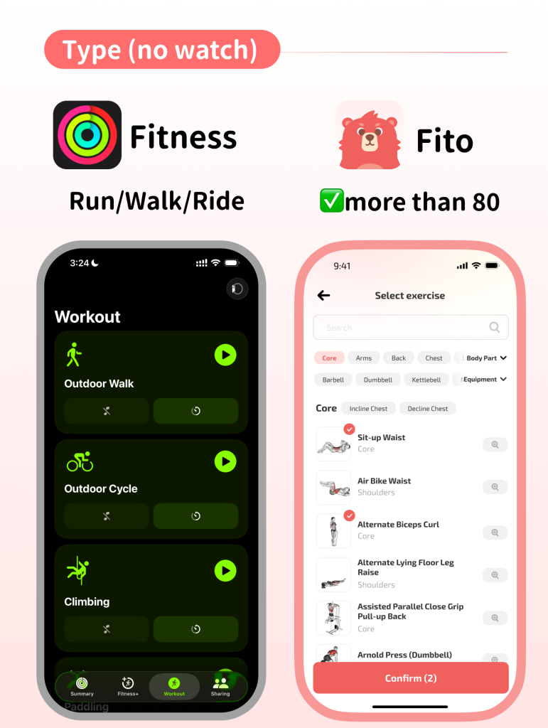 Soldaki Apple Fitness egzersiz türlerinin (Açık Hava Yürüyüşü, Açık Hava Bisikleti, Tırmanma) ve sağdaki Fito uygulaması egzersiz seçim ekranının yan yana karşılaştırması.