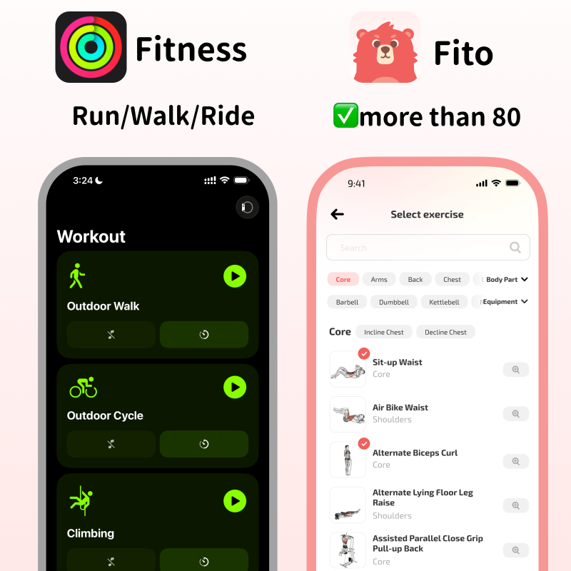Soldaki Apple Fitness egzersiz türlerinin (Açık Hava Yürüyüşü, Açık Hava Bisikleti, Tırmanma) ve sağdaki Fito uygulaması egzersiz seçim ekranının yan yana karşılaştırması.