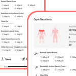 Close-up of a mobile "Gym Sessions" data review screen showing session summary cards, a muscle diagram, and a detailed list of exercises with set-by-set weights and reps.