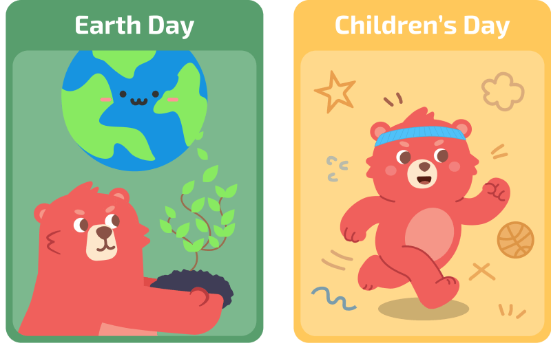 Two festival achievement cards showing a bear holding a sapling for Earth Day and a bear running for Children's Day