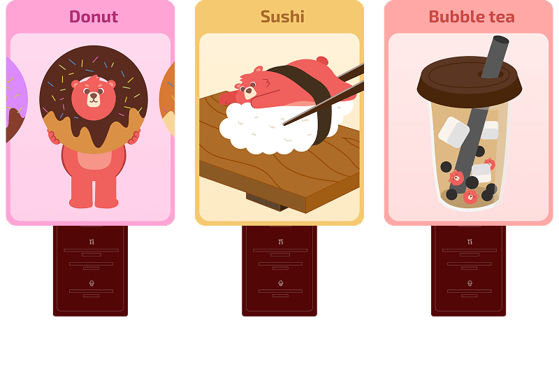 Three collectible achievement cards showing a bear with a donut, a bear as sushi on rice, and a bubble tea cup with tapioca pearls