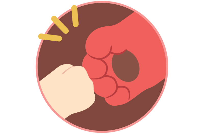 Two fists bumping inside a circular badge — a light-skinned fist on the left and a red bear-like fist on the right, with three yellow motion lines above indicating impact.