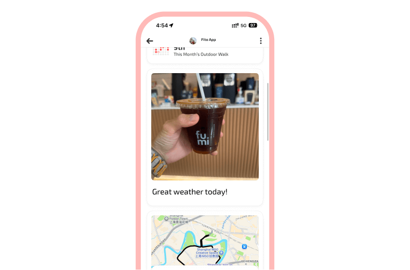Mobile app friend post showing a hand holding a cup of iced coffee and a map activity card below