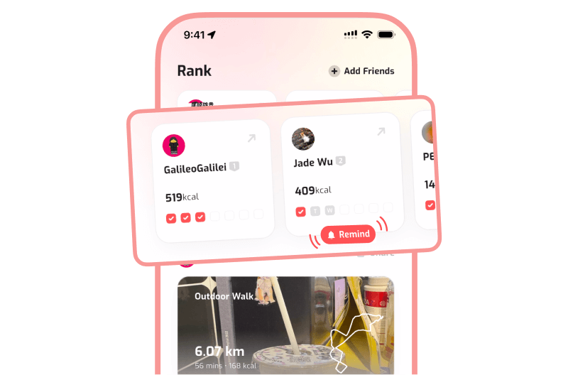 Mobile app friends ranking screen showing a horizontal carousel of friend cards with kcal scores and a recent outdoor walk activity card below