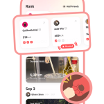 Mobile app screenshot showing a friends/rank screen with user cards (calories and streak checkboxes), an activity feed with route photos and distances, and a friend fist-bump badge overlay.