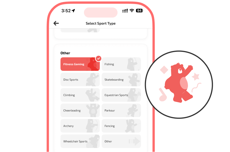 Mobile screen showing the "Select Sport Type" page of a fitness app with many sport options in a grid. One option, "Fitness Gaming," is highlighted in coral with a checkmark. Other visible options include "Fishing," "Disc Sports," "Skateboarding," "Climbing," "Equestrian Sports," "Cheerleading," "Parkour," "Archery," "Fencing," "Wheelchair Sports," and "Other." A circular close-up inset on the right shows a coral bear mascot illustration.