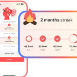 Mobile app screens showing fitness goals and a monthly streak progress card with a campfire icon