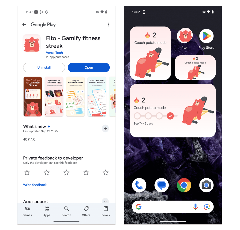 左侧是 Fito Android 应用程序的 Google Play 商店列表，右侧是带有 Fito 部件的主屏幕