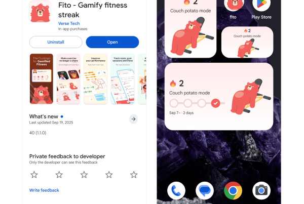 Lista aplikacji Fito na Androida w sklepie Google Play po lewej stronie i ekran główny z widżetami Fito po prawej stronie.