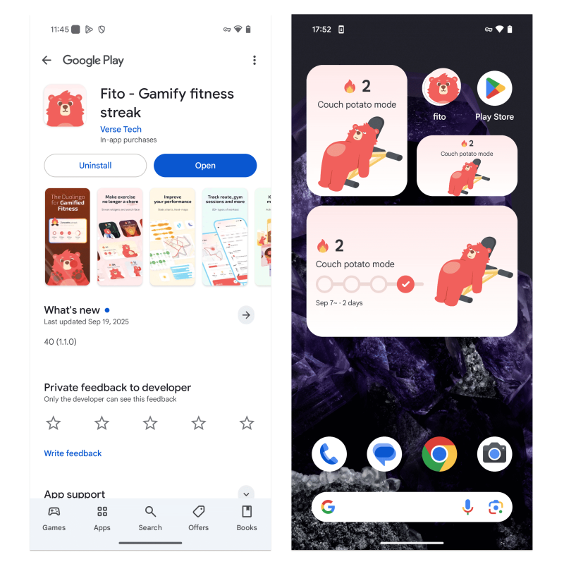 Google Play store listing for the Fito Android app on the left and an home screen with Fito widgets on the right