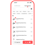 Smartphone app screen titled "Gym Sessions" showing a searchable, filterable list of strength exercises. The top has a segmented control with "All Workouts" and the active "Gym Sessions" tab. Below is a search field and a row of filter chips for muscle groups and equipment (examples: Chest, Back, Legs, Shoulders, Barbell, Dumbbell). The main list shows exercises with small instructional illustration thumbnails, step numbers in red circles for selected items, exercise names (e.g., "Barbell Bench Press," "Barbell Pause Bench Press," "Barbell Wide Bench Press," "Barbell Incline Bench Press," "Barbell Decline Bench Press," "Weighted Svend Press") and a faint subtitle "Chest" under each. Each row has a right-side circular icon (magnifying glass) for details. At the bottom is a fixed control bar with a gray "Superset" button on the left and a prominent coral "Start" button (with a small badge showing "2") on the right. The UI uses soft rounded corners, light backgrounds, and coral accent color for key actions.