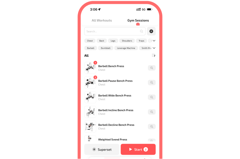 スマートフォンアプリ「Gym Sessions」の画面。上部には、「すべてのワークアウト」とアクティブな「ジム・セッション」タブで区分されたコントロールがあります。その下には検索フィールドと、筋肉グループと器具(例:胸、背中、脚、肩、バーベル、ダンベル)のフィルターチップが並んでいます。メインリストには、小さな説明イラストのサムネイルが付いたエクササイズ、選択した項目の赤丸のステップ番号、エクササイズ名(例:「バーベルベンチプレス」、「バーベルポーズベンチプレス」、「バーベルワイドベンチプレス」、「バーベルインクラインベンチプレス」、「バーベルデクラインベンチプレス」、「ウェイトスベンドプレス」)、そしてそれぞれの下にうっすらと「Chest」というサブタイトルが表示されています。各行には右側に詳細を示す円形のアイコン(虫眼鏡)がある。下部には固定コントロールバーがあり、左側にグレーの「スーパーセット」ボタン、右側に目立つサンゴの「スタート」ボタン(「2」を示す小さなバッジ付き)がある。UIは、ソフトな丸みを帯びた角、明るい背景、主要なアクションにコーラル色のアクセントカラーを使用しています。