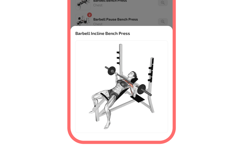 Illustration of a person performing a barbell incline bench press on an incline bench with a rack, highlighting the upper chest muscles.