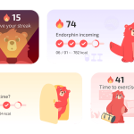 four home-screen widget mockups for a fitness app, each showing a flame score (e.g., 15, 74, 73, 41) with a bear mascot and brief status lines like "Save your streak," "Endorphin incoming," and "Workout time?"