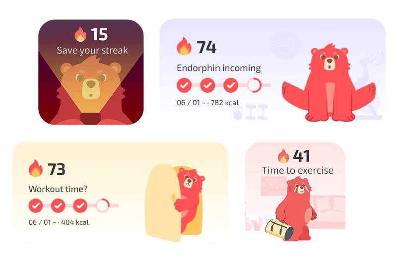 four home-screen widget mockups for a fitness app, each showing a flame score (e.g., 15, 74, 73, 41) with a bear mascot and brief status lines like "Save your streak," "Endorphin incoming," and "Workout time?"
