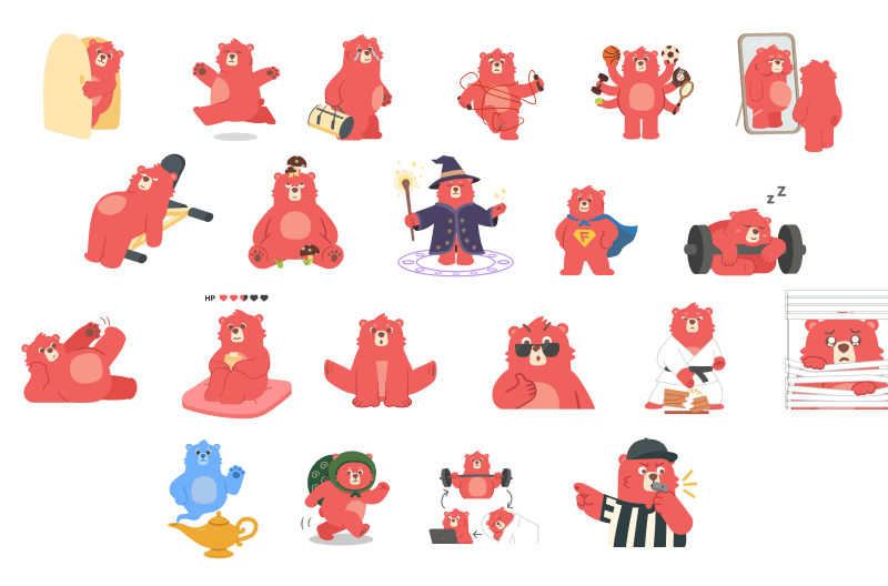 A sheet of playful red bear illustrations in many poses and costumes—peeking from behind a door, sitting, dancing with a drum, skipping rope, juggling sports balls, looking in a mirror, doing push-ups, meditating, casting a magic spell, wearing a superhero cape, lifting a barbell, relaxing, holding a snack, sitting cross-legged, wearing sunglasses, practicing martial arts, stuck in blinds, posing with a genie lamp, dressed as a dancer, spotting a weightlifter, coaching at a laptop, and acting as a referee.