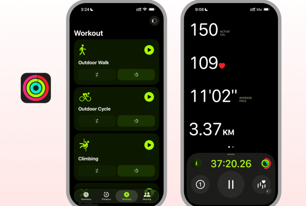 iPhone screens showing iOS 26 Workout Record app interface with activity list and live workout metrics