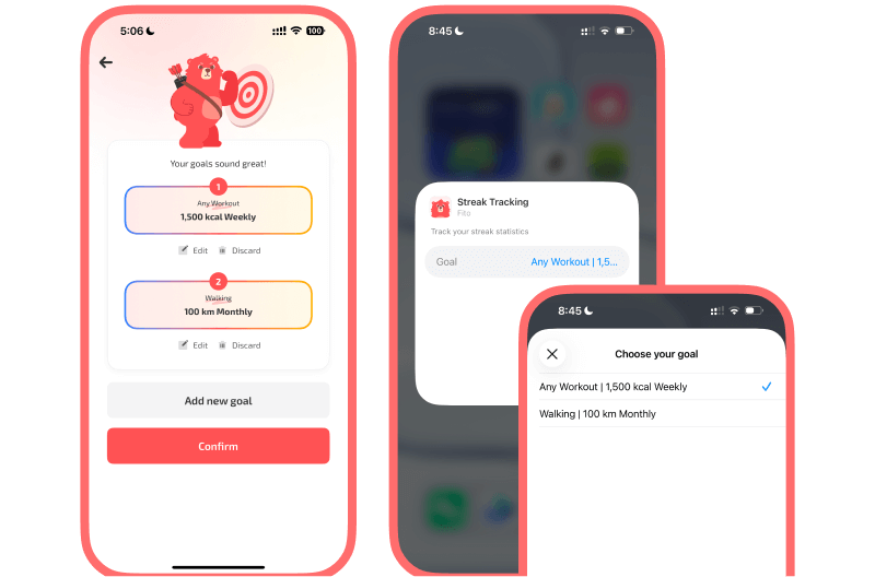 Three mobile screens showing a fitness app interface for setting multiple goals. The left screen displays a cheerful bear illustration and a list of two goals: "Any Workout | 1,500 kcal Weekly" and "Walking | 100 km Monthly" with Edit and Discard options, plus buttons to Add new goal and Confirm. The center screen shows a system popup titled "Streak Tracking" with a selected goal field. The right screen shows a "Choose your goal" sheet listing the two goals with the weekly workout goal checked.