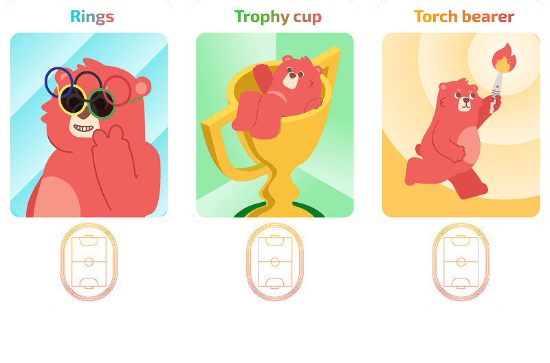 Three collectible achievement cards showing a bear with Olympic rings, a bear lounging in a trophy cup, and a bear carrying a torch