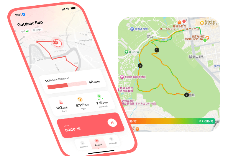 Smartphone showing an outdoor run route and performance cards next to a colored map of the tracked route
