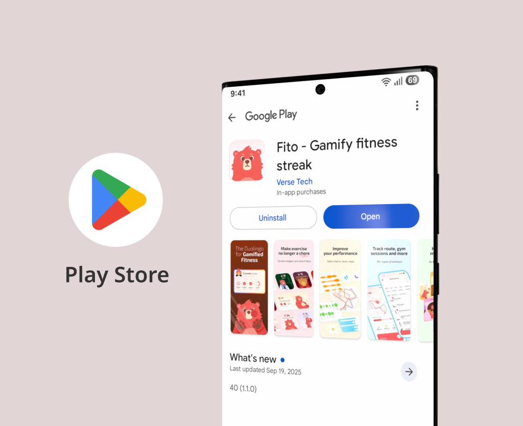 在手机上显示的 Google Play 商店部分 Fito 列表，旁边还有一个大徽标