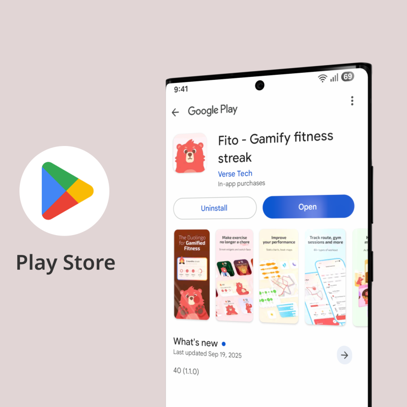 Partial Fito on Google Play Store listing displayed on a phone alongside a large logo