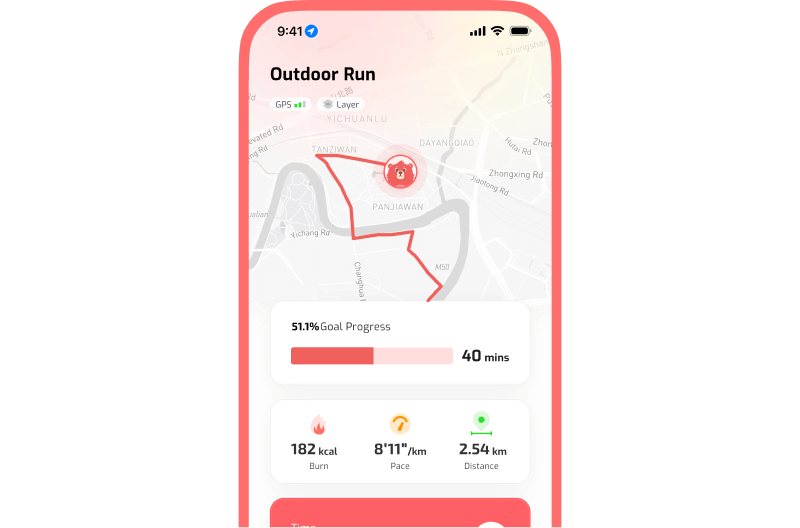 Smartphone workout screen titled "Outdoor Run" showing a map with a red route line and a bear-shaped location marker near the top. Beneath the map is a rounded white card reading "51.1% Goal Progress" with a horizontal progress bar (about half full) and "40 mins" on the right. Below that are three small stat tiles: "182 kcal" (Burn) with a flame icon, "8'11''/km" (Pace) with a tempo icon, and "2.54 km" (Distance) with a pin icon. The UI uses coral accents, rounded corners, soft drop shadows, and a minimal map with light streets; the phone status bar shows 9:41 and connectivity indicators.