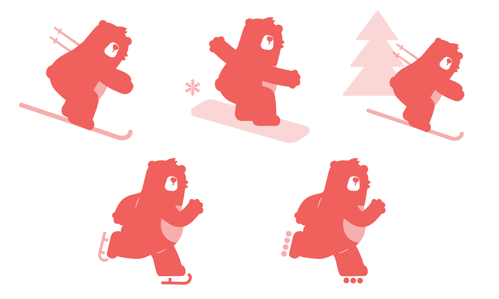 Six coral‑red silhouette icons of a bear doing snow sports: downhill skiing (with poles on the back), snowboarding (bear jumping with a small snowflake), skiing past a pine tree, ice skating with a backward skate, and roller‑style ice skates (bear gliding forward).