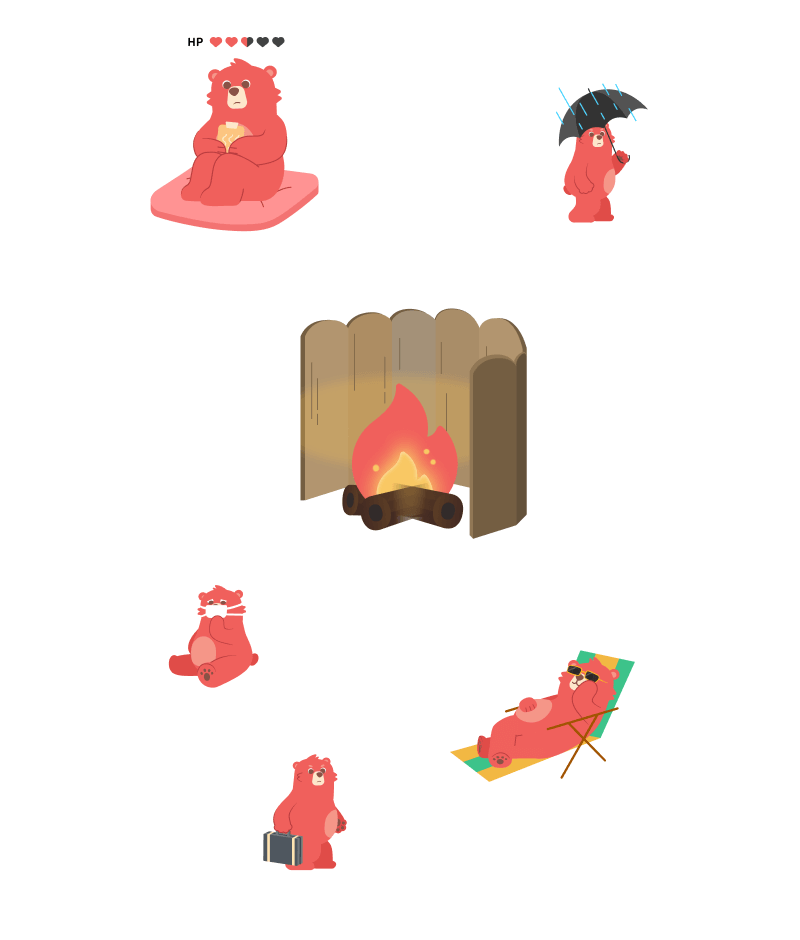 Ilustracja centralnego ogniska za drewnianą przednią szybą z pięcioma otaczającymi bańkami przedstawiającymi czerwonego niedźwiedzia w różnych sytuacjach (siedzącego z gorącym okładem i niskimi sercami HP, trzymającego parasol w deszczu, noszącego maskę na twarz, niosącego walizkę i relaksującego się na leżaku). Reprezentuje "Tarczę Smugi" używaną do ochrony smugi podczas okresu, choroby lub podróży.