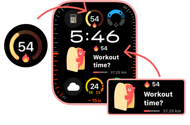 Smartwatch face mockup showing a compact fitness complication with a circular progress ring, a flame icon, and the number 54. The watch screen displays a large time (5:46), the bear mascot, text "Workout time?" and a small progress bar with 37.25 km; the flame complication with 54 appears at top and near the center inset.