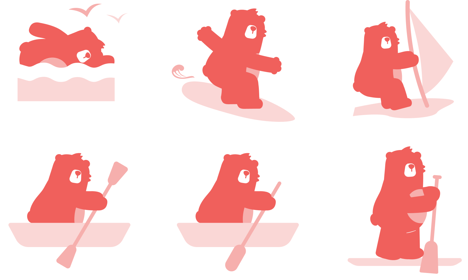 Six coral-red silhouette icons of a bear doing water sports: swimming with waves and birds, surfing, sailing, paddling a kayak (two slightly different paddle poses), and stand-up paddleboarding with a board and paddle.