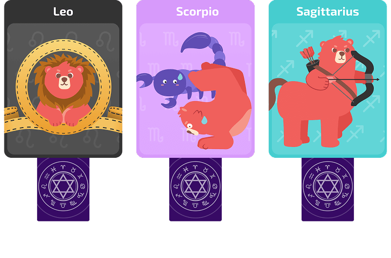 Three zodiac achievement cards showing bear illustrations for Leo, Scorpio, and Sagittarius