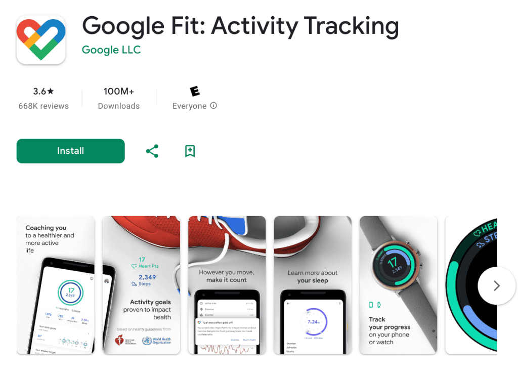 "Google Fit" için Google Play listesi: Google LLC tarafından hazırlanan "Google Fit: Activity Tracking". Sol üstte, beyaz yuvarlak bir kare üzerinde çok renkli şerit parçalarından (kırmızı, sarı, yeşil, mavi) oluşan bir kalp şekli olan uygulama simgesi gösterilmektedir.