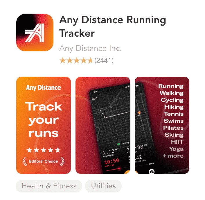 Any Distance Inc. tarafından hazırlanan "Any Distance Running Tracker" için pp Store listesi. Sol üstte uygulama simgesi görülüyor - sıcak degrade arka plan (turuncudan kırmızıya) üzerinde stilize beyaz bir "A" harfi ve koyu bir köşe.