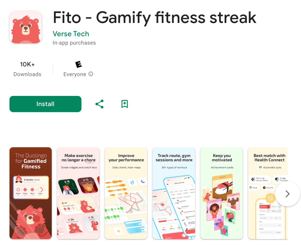 Verse Tech'in android için en iyi fitness takipçisi "Fito - Gamify fitness streak" için Google Play listesi. Sol üstte uygulama simgesi görülüyor - yumuşak pembe arka plana sahip yuvarlak bir kare üzerinde sevimli kırmızı bir ayı yüzü.